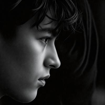 The primary subject of the image is a young man with dark hair, looking directly at the camera. He has a nose and mouth, and his eyes are open. The setting is a dark room, and the visual style appears to be a black and white photo. The mood of the image is somewhat mysterious and dramatic.